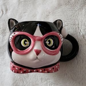 Pink Glasses Black White Cat Coffee Mug Pink Polka Dot Cup